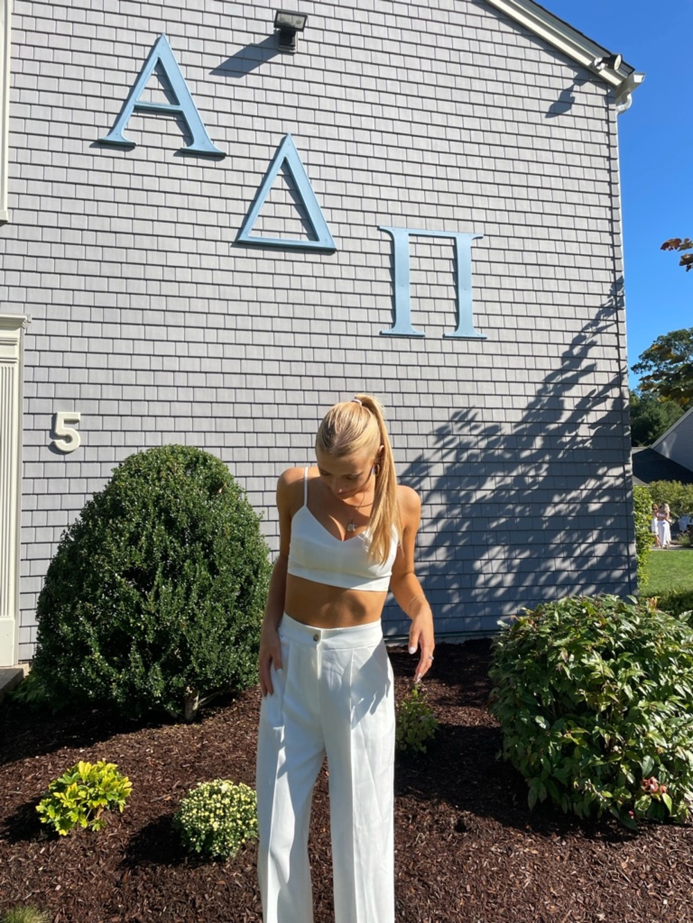 White dress pants and crop top set